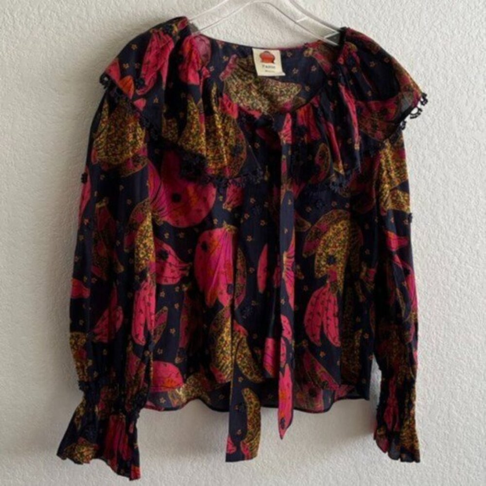 Farm Rio Tropical Print Ruffle Tie Front Cotton Blouse - Picture 3 of 5
